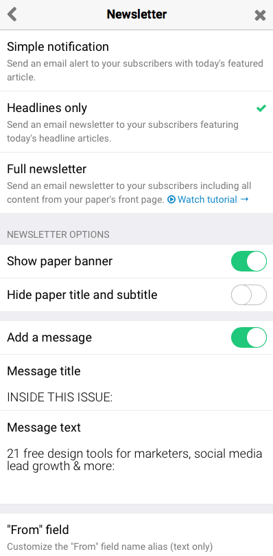 Paperli newsletter settings